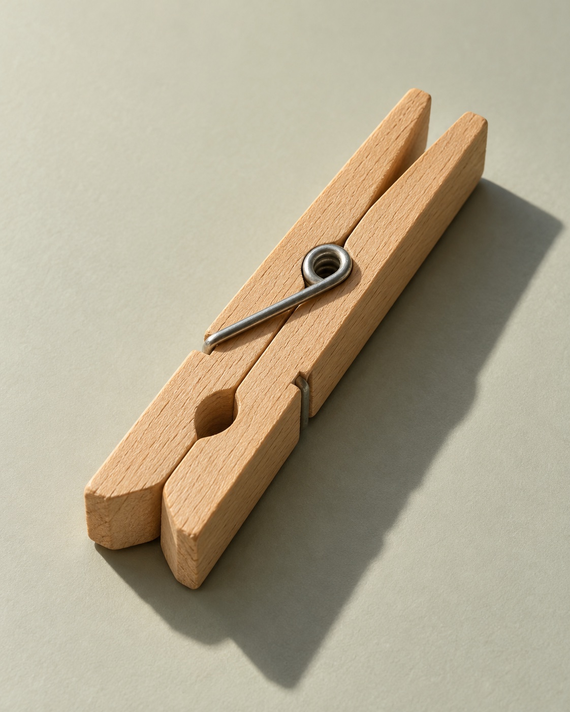 A wooden clothespin in warm light, with its simple steel spring visible.