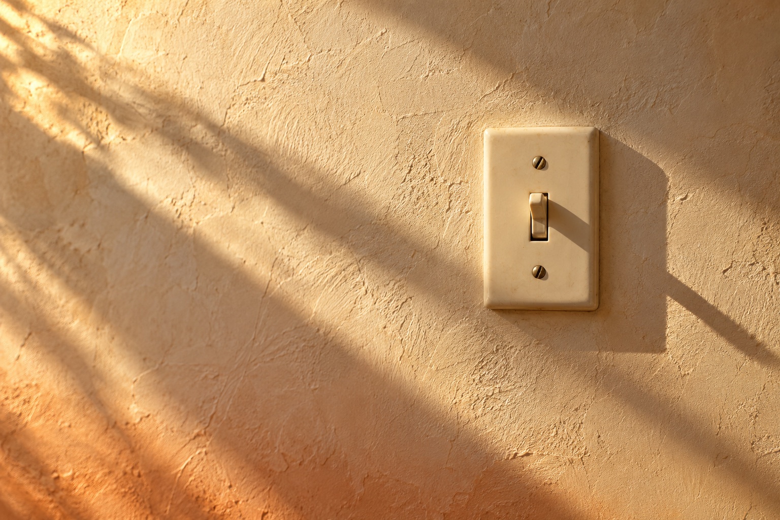 An ordinary ivory toggle light switch on a warm plaster wall in afternoon sunlight.